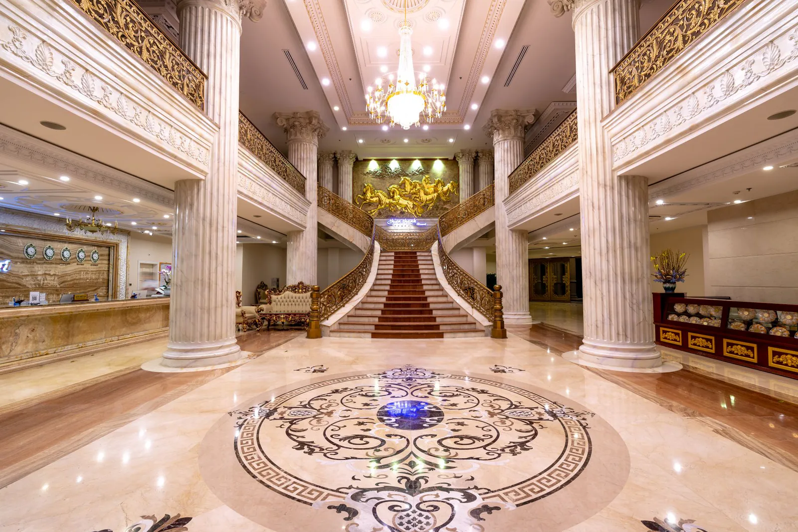 Elegant hotel lobby with high ceilings