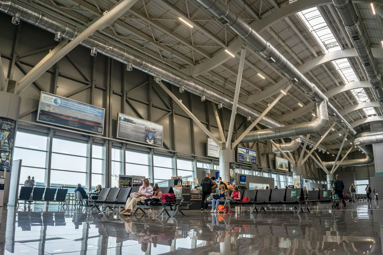 Spacious modern airport terminal interior